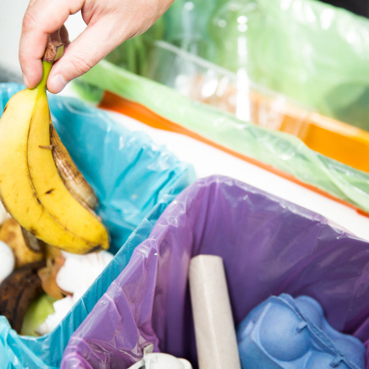 Het scheiden van afval in een afvalbak met meerdere compartimenten.
